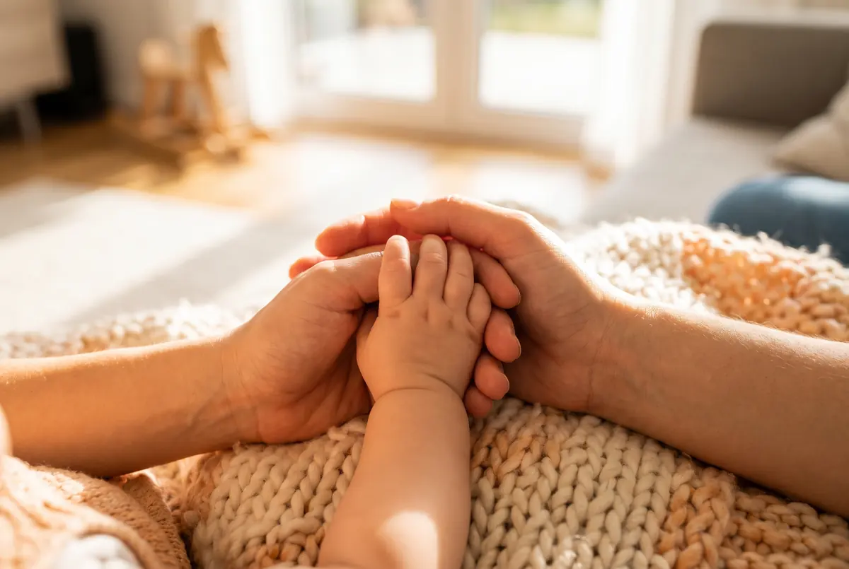 A small child hand held gently inside two adult hands on a knitted blanket
