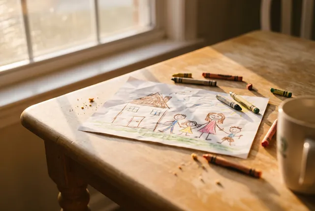 A child's crayon drawing of a house and family on a wooden kitchen table