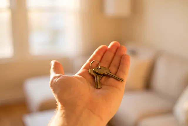 A set of house keys resting in an open palm in warm afternoon light