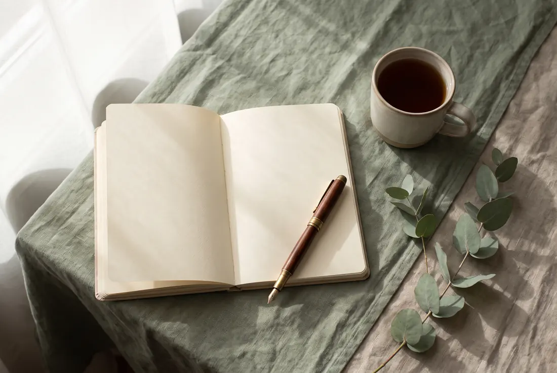 An open notebook, a pen and a mug of tea on a linen tablecloth in morning light