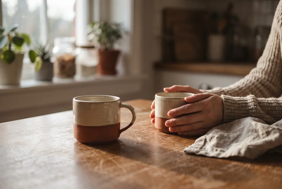 Two ceramic cups on a wooden kitchen table in early morning light