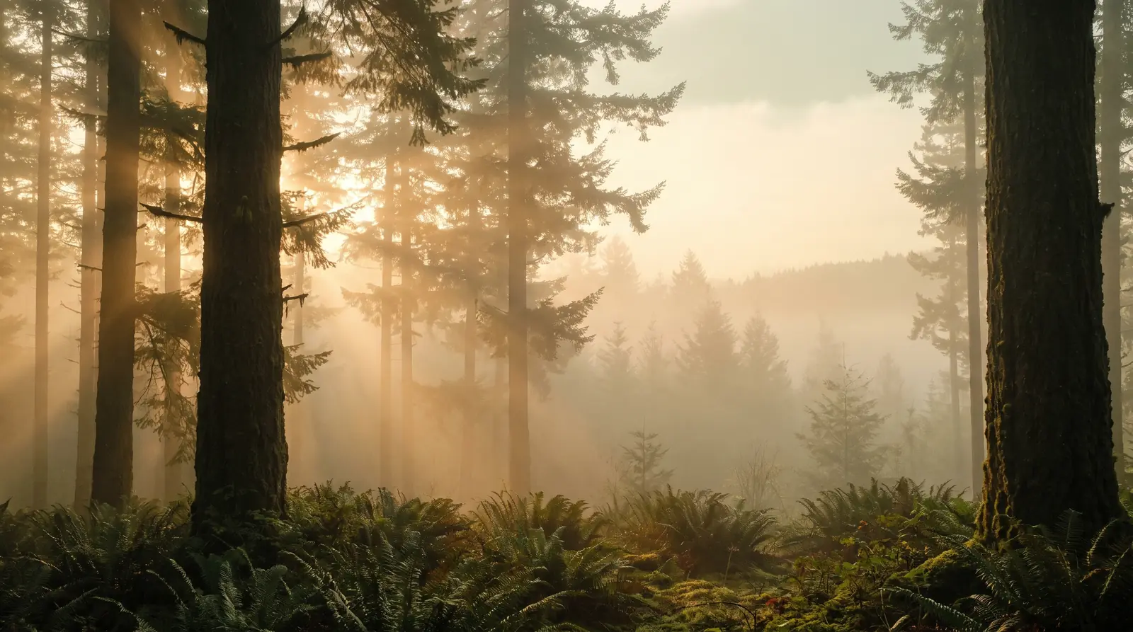 Morning light through fog in a Douglas fir forest in the Pacific Northwest