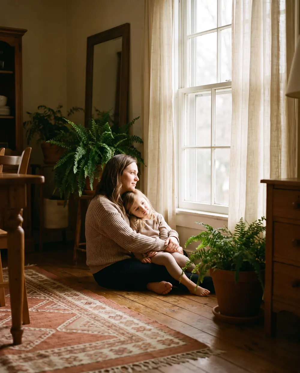 A mother sitting on the floor by a sunlit window with her young daughter leaning into her shoulder