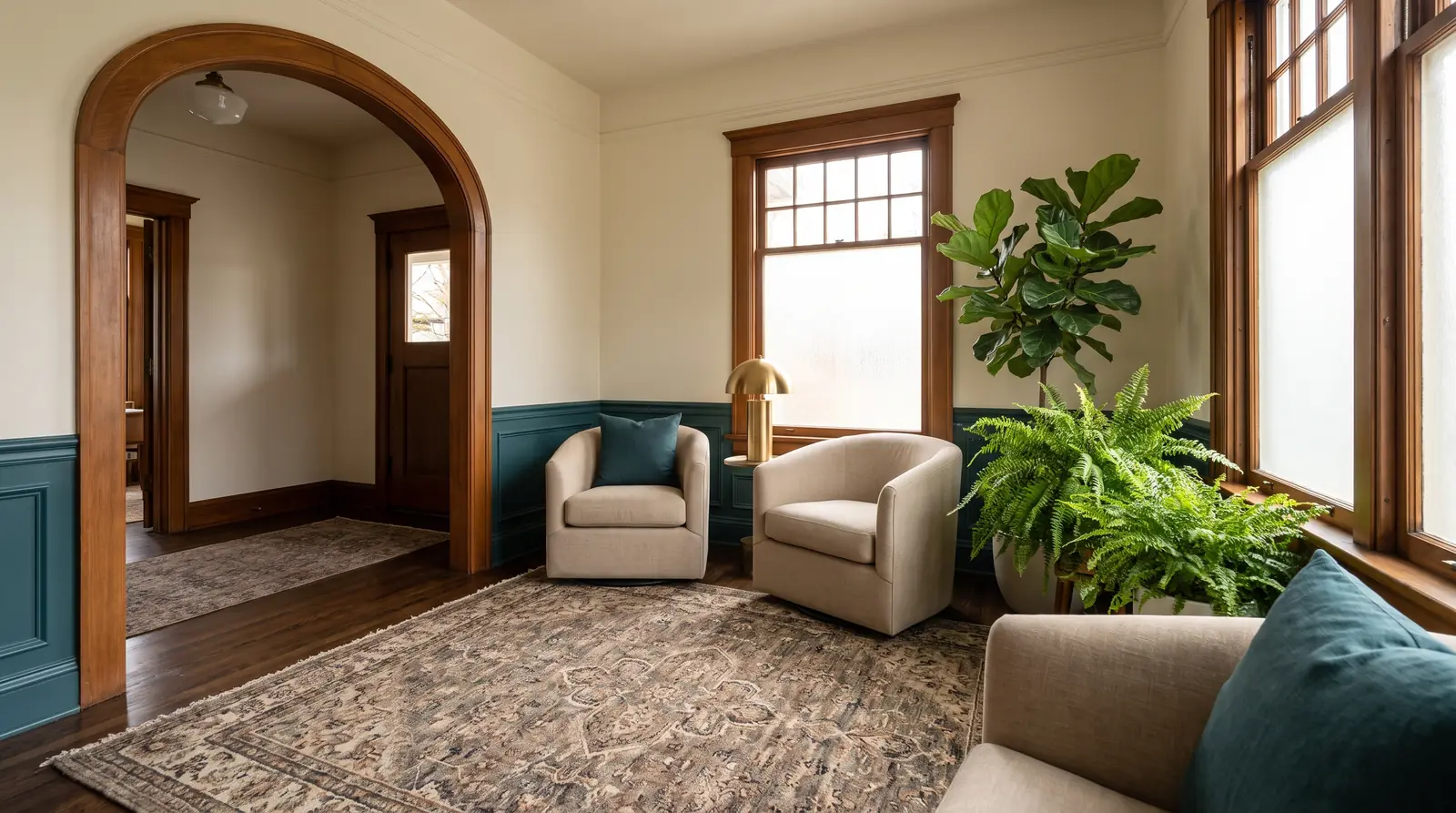 The reception room at Harbor Family Law: arched doorway, soft armchairs, plants and daylight