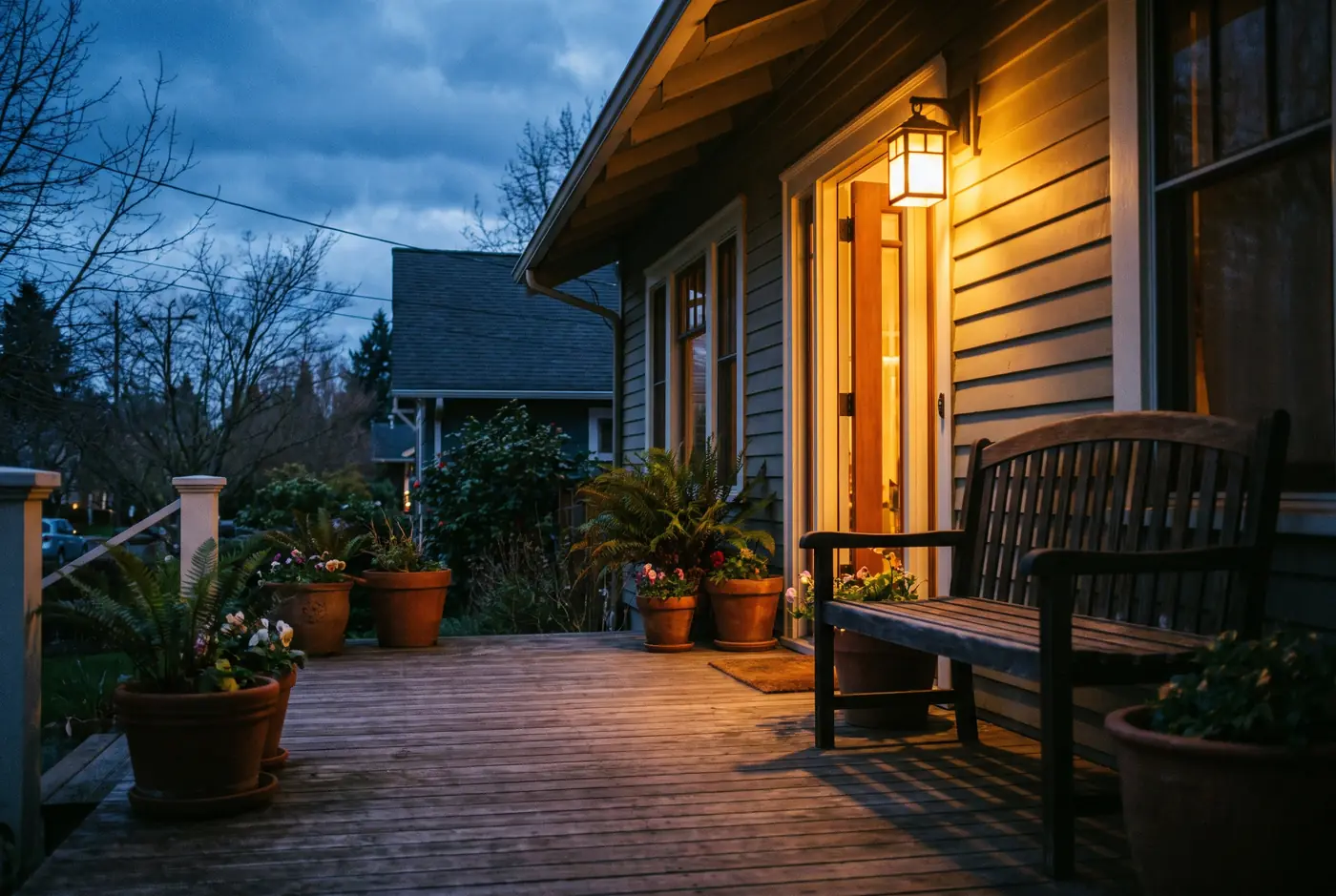 The front porch of a Portland home at dusk with a warm porch light and the door slightly open