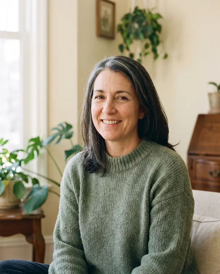 Renata Oyelaran, founding attorney, seated by a window in a sage green sweater